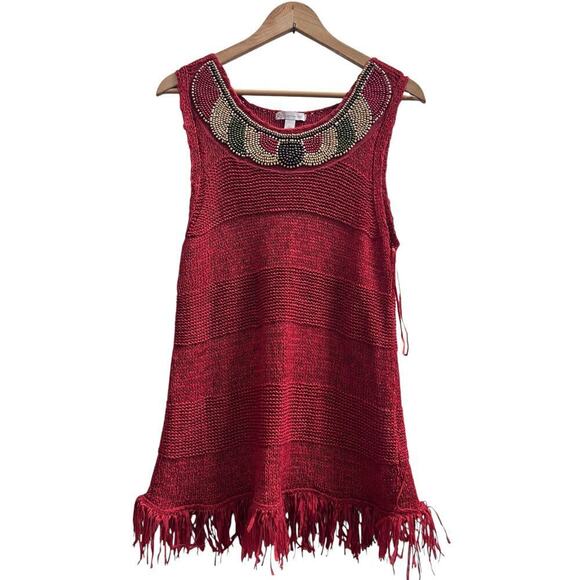 Crochet Open Knit Beaded Embellished Fringe Trim Tunic Micro Mini Dress Large - Picture 2 of 9